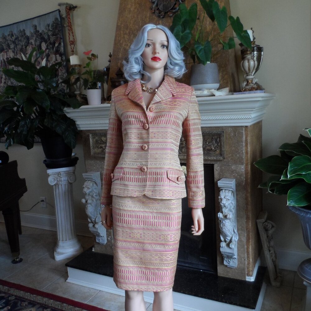 Rickie Freeman for Teri Jon Beige/Fushia Multi Jacquard Skirt Suit Size 10